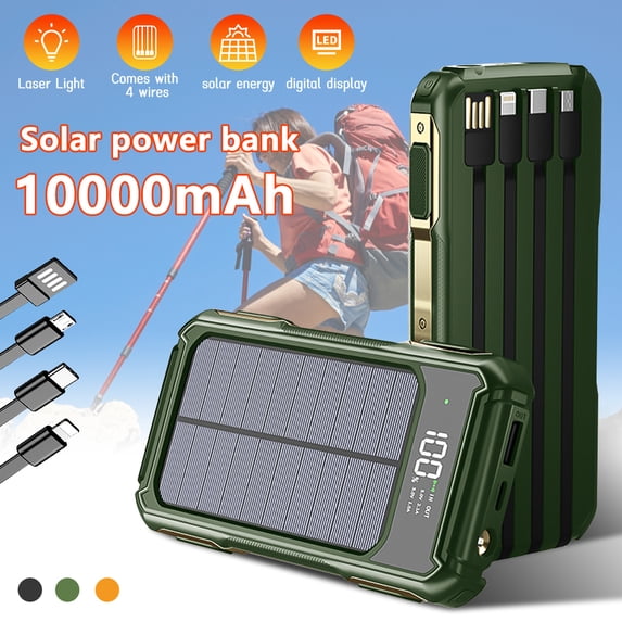 10000mAh Solar Power Bank 4 Cable Portable Charger for Cellphone, Green
