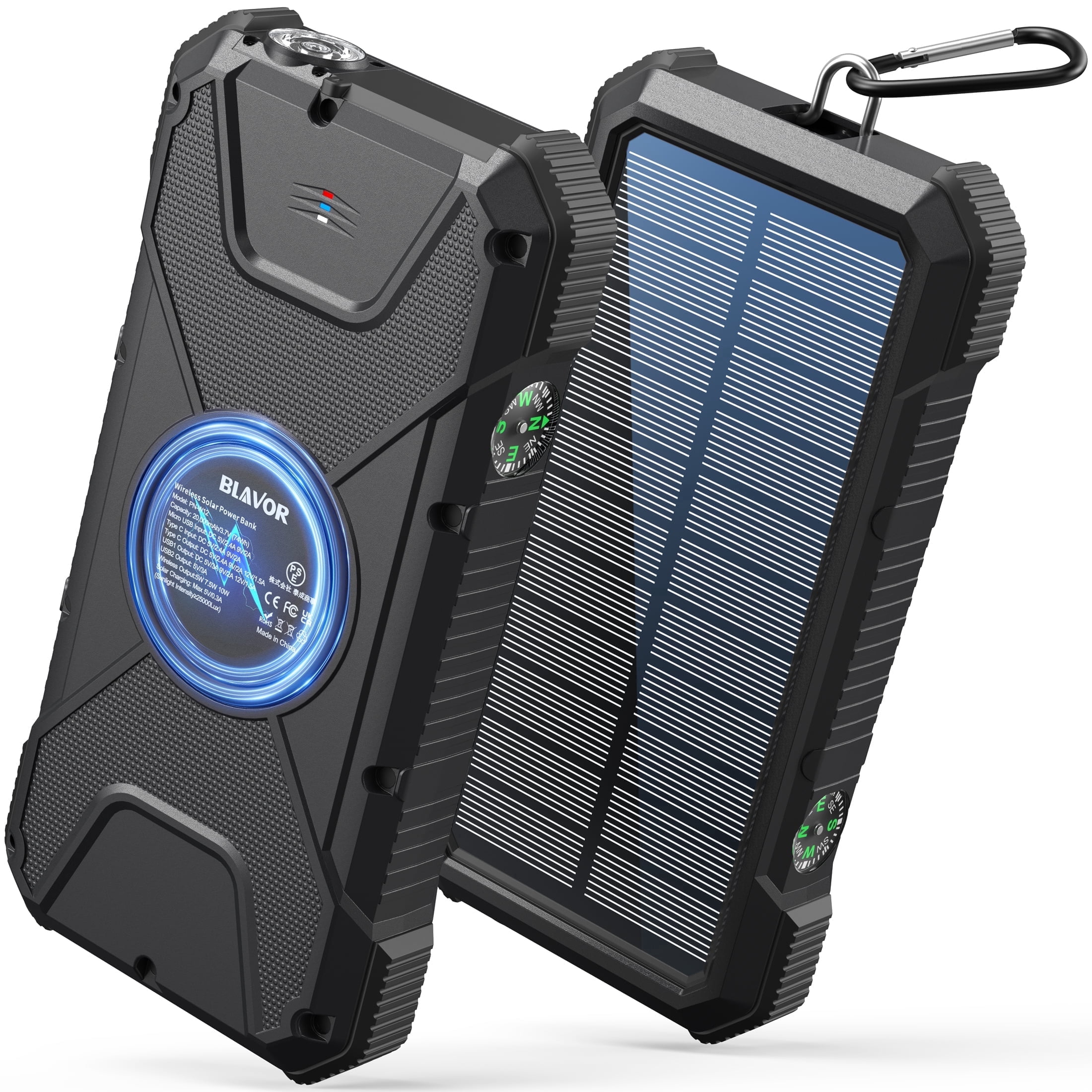 JTDD Solar Charger Power Bank, PD 18W Fast Charging 20000mAh Battery , Portable Solar Powered USB C Charger with Camping Flashlight Compass Carabiner for Cell Phone