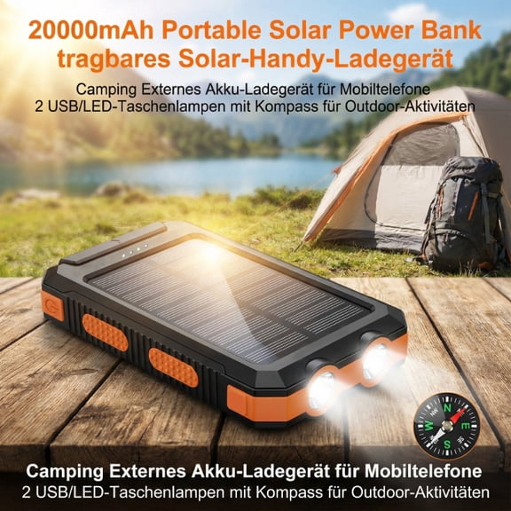 Solar Power Bank 20000mAh with USB Port, Flashlight & Compass for Outdoor Camping Emergency Mobile Charging Christmas Gift