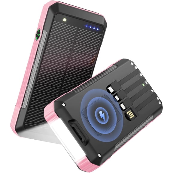 Solar Power Bank 33800mAh Portable Charger Built-in 4 Cables & Wireless Charging,Super Bright LED Flashlight with Compass,7 Outputs Inputs for Camping/Hiking(Pink) | Fast Charging Built in cable
