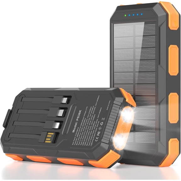 Solar Power Bank 38800mAh, Portable Charger, 4 Cables 4 Ports, PD22.5W Fast Charging External Battery Pack with USB C for Cell Phones, Solar Charger with Dual Flashlight, Perfect for Camping Travel