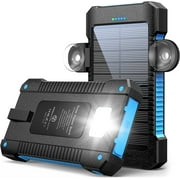 Solar Power Bank 38800mAh, Waterproof with Flashlight and 3 USB Ports Blue