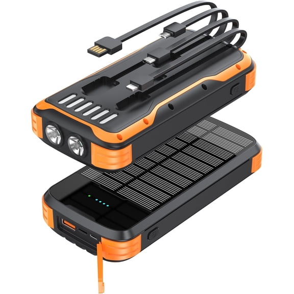 Solar Power Bank 40000mAh, Portable Charger PD 20W Fast Charging Built in 4 Cables and USB-C in/Output, Camping Essentials External Battery Pack with Flashlights