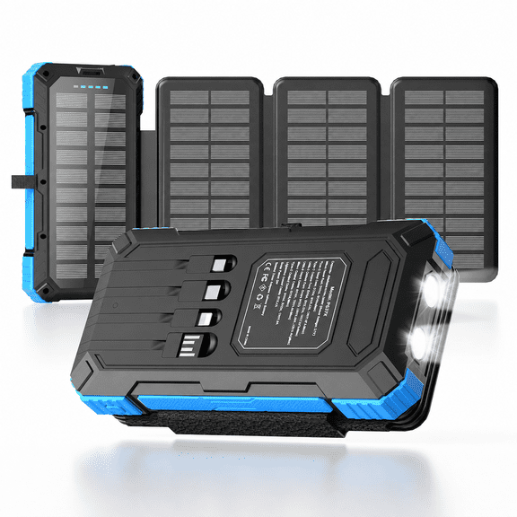 SOLPOWBEN 49800mAh Solar Power Bank, PD22.5W Fast Charging Portable Charger with 4 Foldable Solar Panels, 4 Built-in Cables, Dual Flashlight and Carabiner for Camping, Travel, Outdoor Emergency