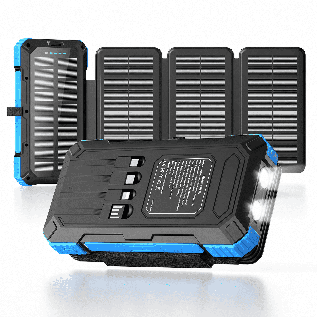 SOLPOWBEN 49800mAh Solar Power Bank, PD22.5W Fast Charging Portable Charger with 4 Foldable Solar Panels, 4 Built-in Cables, Dual Flashlight and Carabiner for Camping, Travel, Outdoor Emergency