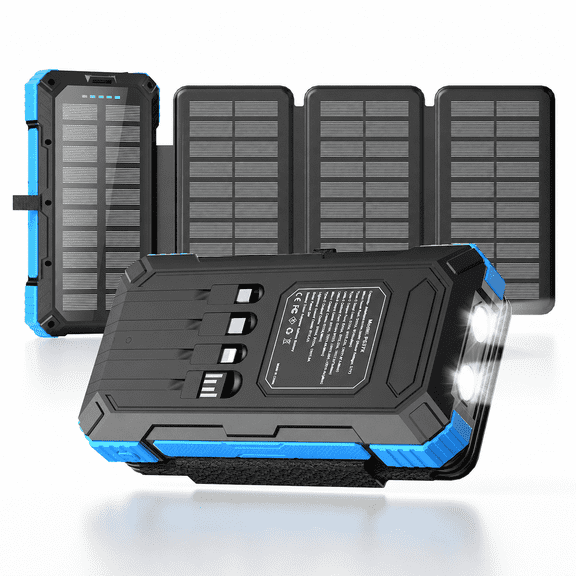 SOLPOWBEN 49800mAh Solar Power Bank, PD22.5W Fast Charging Portable Charger with 4 Foldable Solar Panels, 4 Built-in Cables, Dual Flashlight and Carabiner for Camping, Travel, Outdoor Emergency
