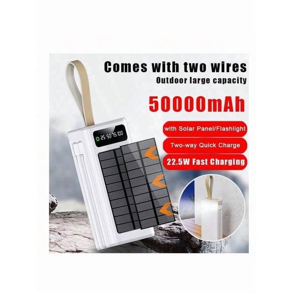 Solar Power Bank 50000mAh with LED Display, Camping Light - Fast Charging Outdoor Emergency Battery Pack for Phone, Android, Electronics