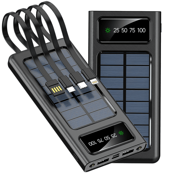 Solar Power Bank,Kepeak Portable Charger 20000mAh, Fast Charging Power Bank with LED Display, 4 Output 2 Input Battery Pack Built Cables