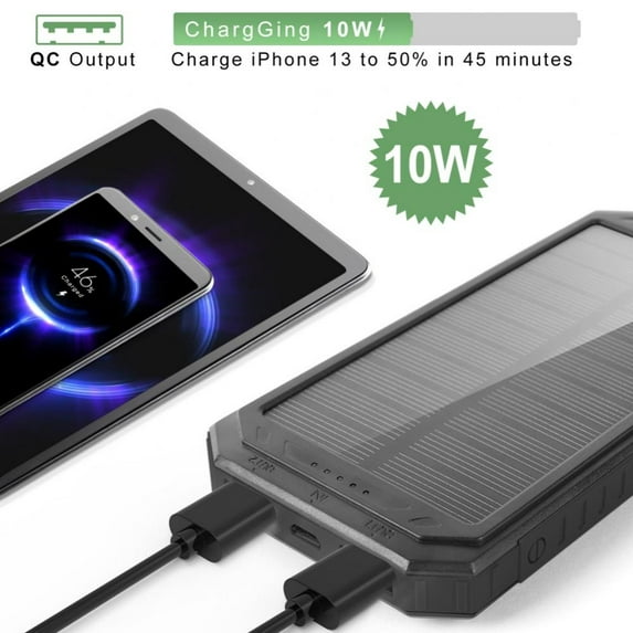 Solar Power Bank, Qi Portable Charger 10,000mAh External Battery Pack Type C Input Port Dual Flashlight, Compass, Solar Panel Charging