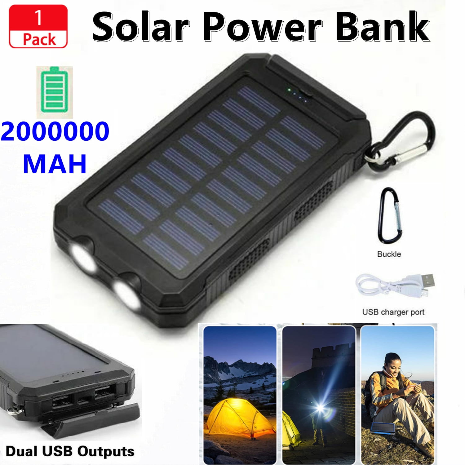 Solar Power Bank, Waterproof Portable Solar-Charger 200000mAh Solar Panel  Battery Built-in Flashlight 2 Fast USB Chargers