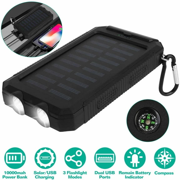 Solar Power Bank, iMounTEK 10000mAh External Battery Pack with Dual USB Ports SOS LED Lights Compass for Camping Hiking