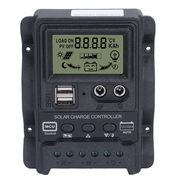 Solar Power Controller w/ LCD, 12V/24V, Dual USB, Backflow Protection, Adjustable Settings