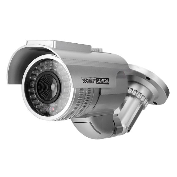 Solar Power Dummy Fake Security Camera Bullet Shape LED Simulation Monitor, Silver