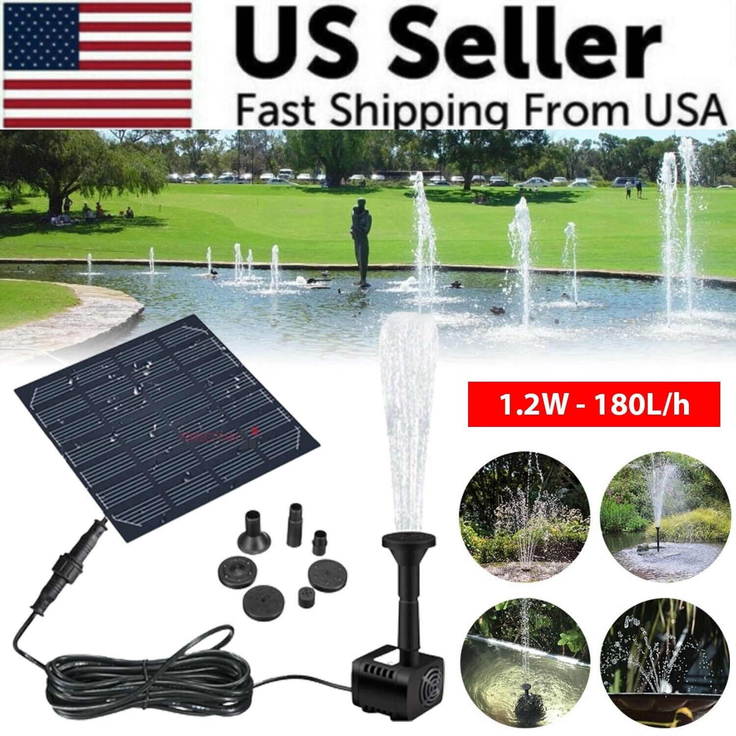 Round Black Solar Powered Water Fountain Pump Kit