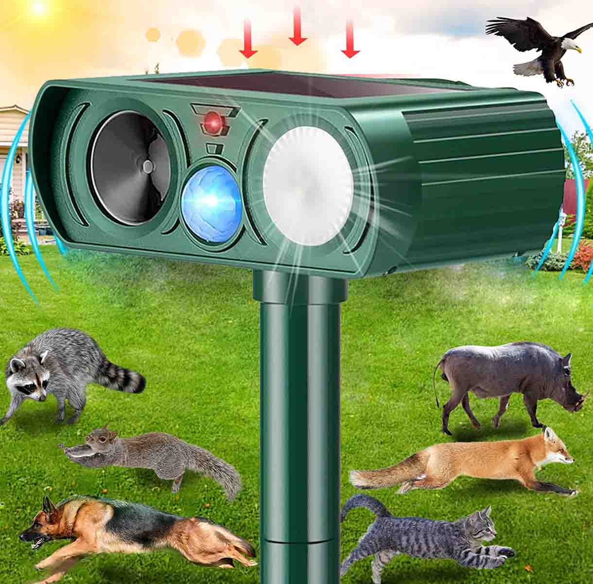  Ultrasonic Animal Repeller,360°Solar Pest Animal Repellent,Cat  Repellent Outdoor,Squirrels Repellent with Motion Sensor & Flashing  Light,Deer Repellent Devices,Repel,Deer,Rabbit,Raccoon,Dog,Bird