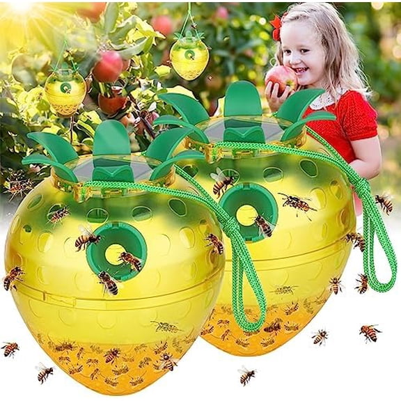Solar Power Wasp Traps Outdoor Hanging, Yellow Jacket Trap with LED Light for Trapping Hornet, Non-Toxic Reusable Wasp Catcher for Outdoors Trapping Hornet, 2 Pack-Yellow