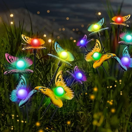 Solar Powerd Garden Lights, Firefly Butterflies Lights Total 12 LED Outdoor Waterproof Wind Dancing Decorative Lights for Yard Patio Pathway, 2 Pack
