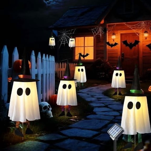 Solar Powerd Halloween Ghost Decorations Outdoor, Set of 3 Light Up Ghosts Kit with Witch Hats Cute Floating Front Yard Decor Hanging Glowing Led Lights Outside Tree Lawn Stake Pathway  Garden