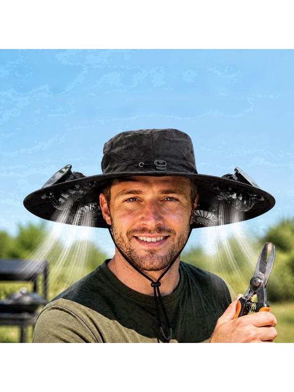 Solar Fan Hat with 4 Cooling Fans, USB-C Rechargeable Sun Hat, Black