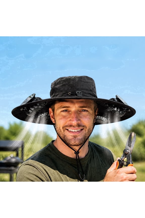 Solar Fan Hat with 4 Cooling Fans, USB-C Rechargeable Sun Hat, Black