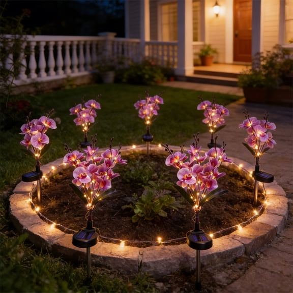 Solar-Powered 5-Light Phalaenopsis Orchid Outdoor Garden Lights, LED, Waterproof, Multi-Color Lighting, Auto On/Off, Ideal for Yard, Lawn, and Patio Decor, Rubber, 29.13in