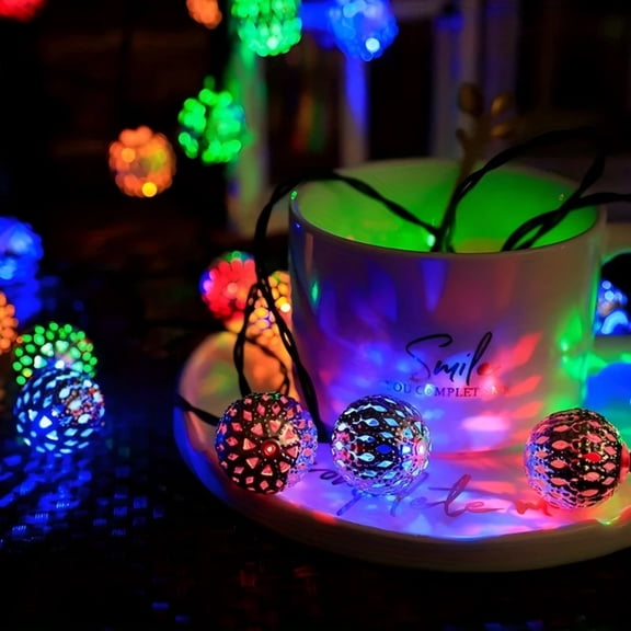 Solar Powered 8 Modes Memory Hollow Metal Cutout IP65 Waterproof Moroccan Globe String Lights, 20 LED, 16.4 ft, Colorful, 1 Pack