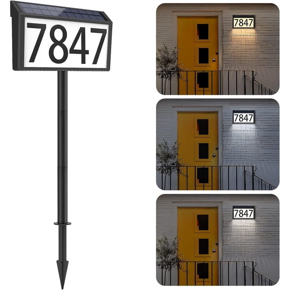 Solar Powered Address Sign House Numbers Waterproof, 3-Color Lighting Modes LED Illuminated Address Plaque with Stakes, Outdoor Address Number