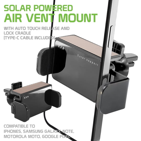 Cellet Solar Phone Mount for Car Vent, Auto Lock, 360 Rotates, USB-C Powered (No Phone Charging)