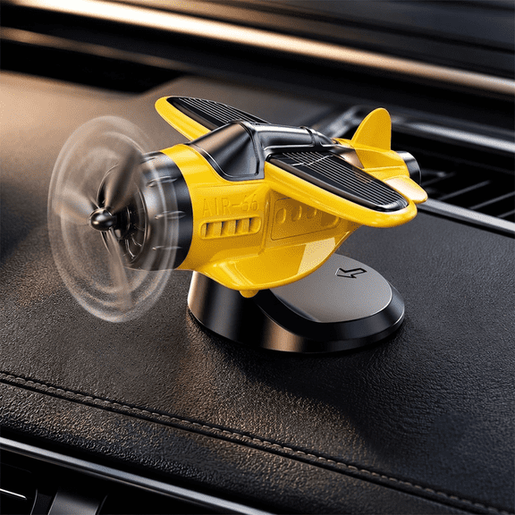 Solar Powered Airplane Car Dashboard Ornament with Rotating Propeller, Heat-Resistant ABS Car Dashboard Decor with Anti-Slip Base, Yellow