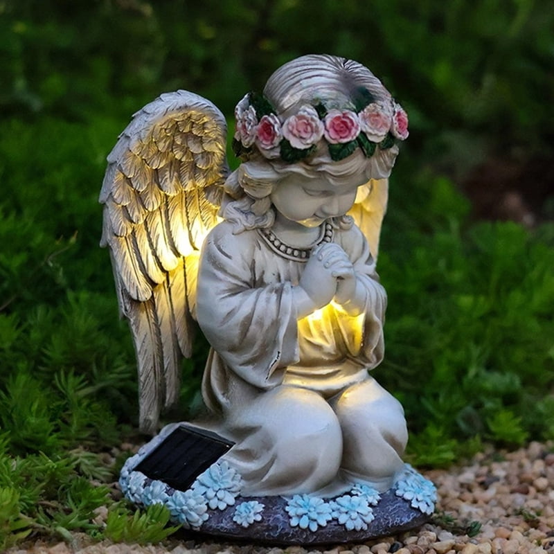 Solar Powered Angel Garden Statue for Outdoor Decor Praying Angel Design Elegant Resin Sculpture for Lawn and Patio Decoration