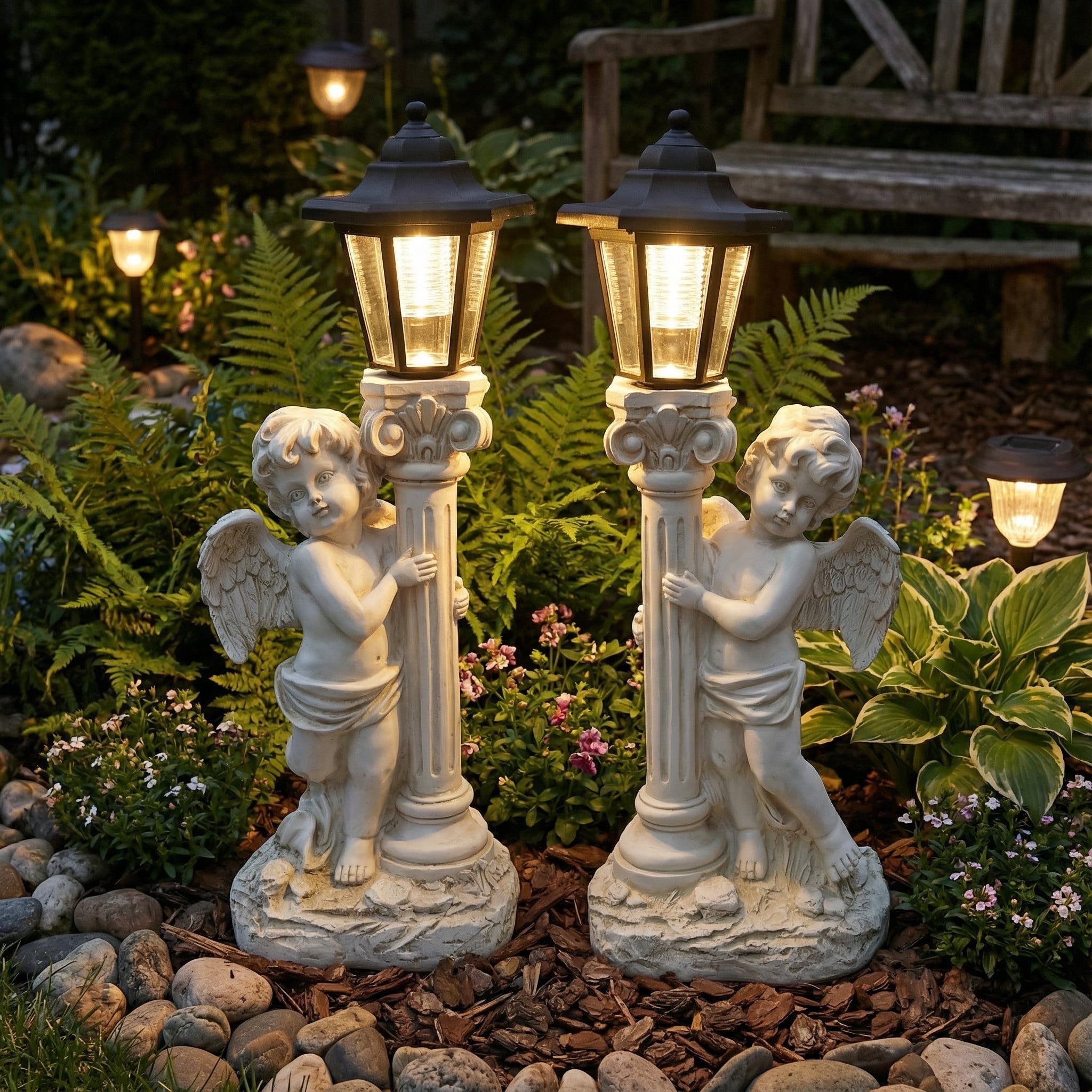 Lumiartisan 19.7" Solar Angel Statues Set of 2, Left & Right Roman Pillar Decor