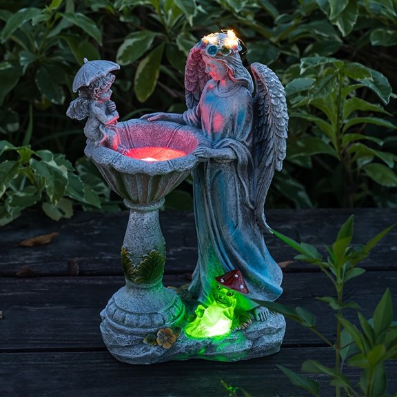 Solar Powered Angel Statue with LED Lights, Waterproof Rustic Resin Garden Decor, Auto On/Off, Elegant Angel with Basin for Patio, Yard, Cemetery, Outdoor Memorial Light