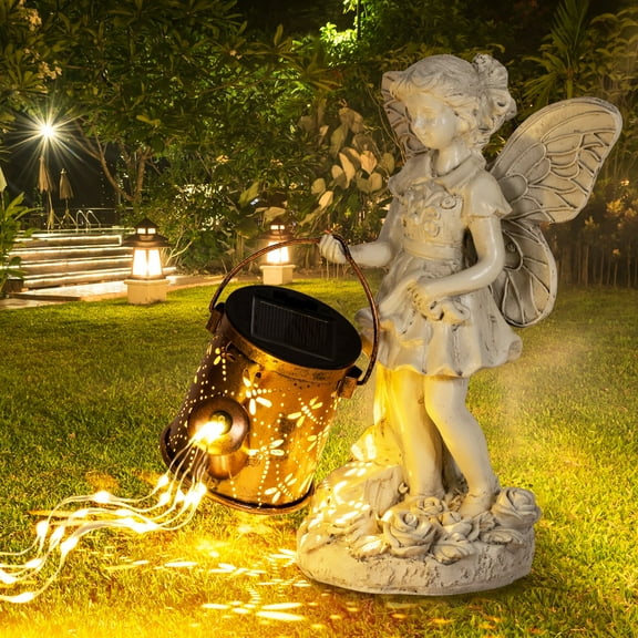 Solar Powered Angel Statues with Watering Can 36 Warm White LED String Lights Outdoor Garden Decor for Patio Balcony Yard or Lawn Elegant Housewarming Gift Idea