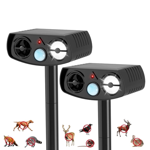 Solar Powered Animal Repeller, Ultrasonic Pest Deterrent with LED Strobe Light, Green, Motion Sensor, 14.8 Inch Stake, for Yard Garden 2 Packs