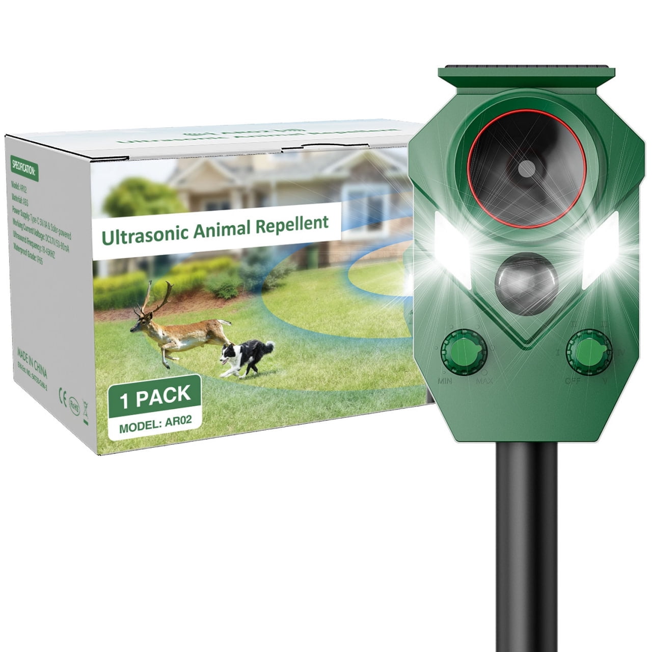 Solar Powered Animal Repeller with Motion Sensor, Ultrasonic Pest Deterrent & Flashing Lights for Outdoor Garden and Yard