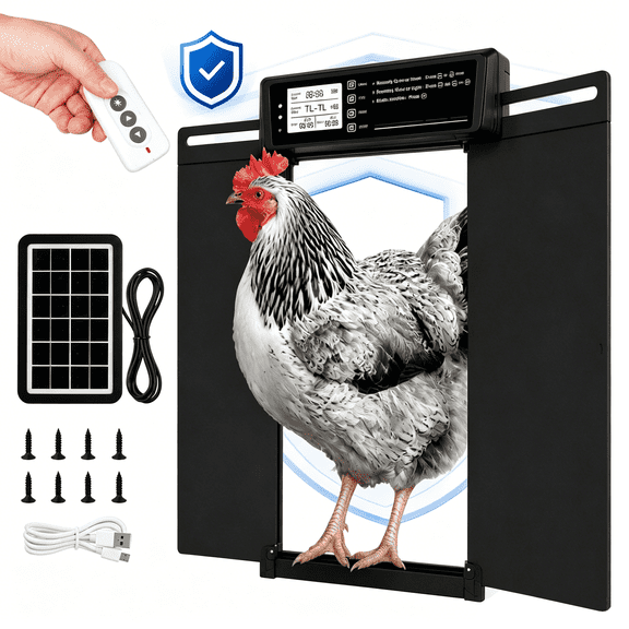 7W Solar Powered Large Automatic Chicken Coop Door with Remote Control, 4Modes Aluminum Horizontally Dual-Door Design with Timer & Light Sensor, Anti-Pinch Auto Chicken Door