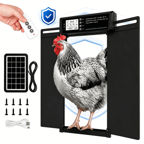 7W Solar Powered Large Automatic Chicken Coop Door with Remote Control, 4Modes Aluminum Horizontally Dual-Door Design with Timer & Light Sensor, Anti-Pinch Auto Chicken Door