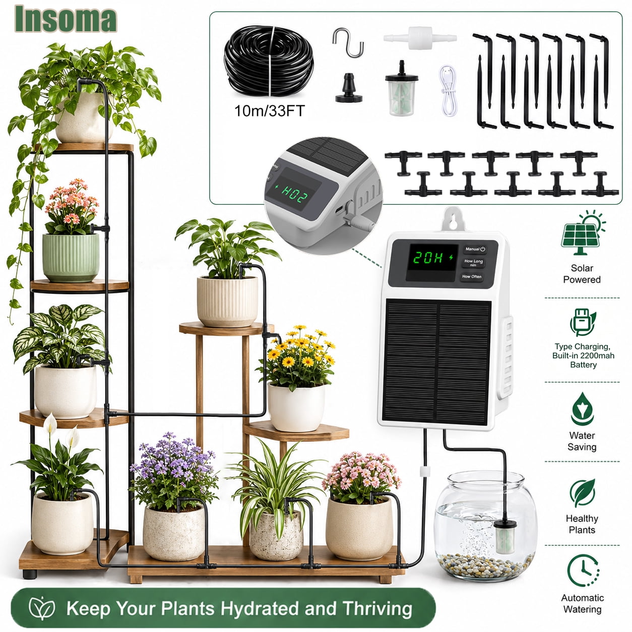 Solar-Powered Automatic Drip Irrigation System, 2200mAh Battery with Type-C Charging, DIY Garden Watering Kit with 10m Tubing, 10 Drippers, for Balcony, Yard, Indoor & Outdoor Plants