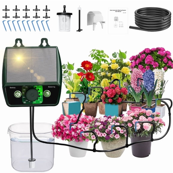 Solar Powered Automatic Drip Irrigation System Kit, 1.1w Solar Powered Drip Irrigation System And Garden Automatic Irrigation System, Diy Irrigation System For Outdoor/Indoor Gardening, 12 Timing Mod