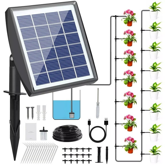 Solar Powered Automatic Drip Irrigation System with Timer, Self Watering Kit for Up to 15 Plants, USB Rechargeable Garden Watering System for Indoor Outdoor Potted Plants