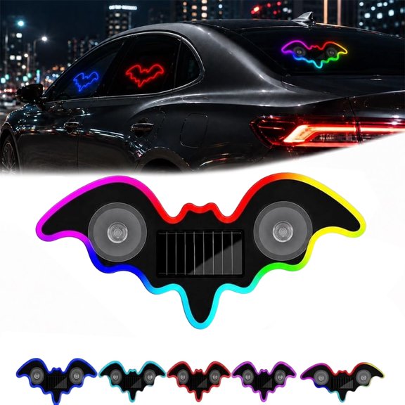 Solar-Powered Bat Night Car Light, Cool Glow LED Projection Ambient Lamp with Vacuum Suction Cup, USB & Sun Charging Nighttime Vehicle Silhouette Sign Projector, Black