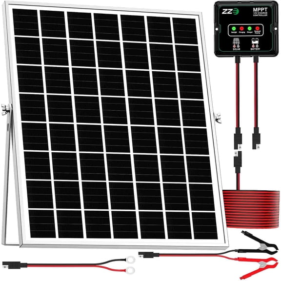 Solar Powered Battery Charger Trickle Maintainer, 20W 12V Panel Kits MPPT Charge Controller with 8 Protections Function IP68 Waterproof for RV Trailer Marine Car Motorcycle (1, Black)