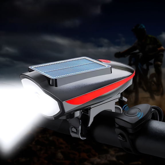 Solar Powered Bicycle Light with Horn, Auto Charging Bike Headlight for Night Riding, Waterproof USB Rechargeable Outdoor Lamp