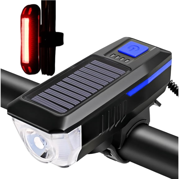 Solar Powered Bike Light with 3 Modes LED Headlight & Waterproof Bell - USB Rechargeable for Road and Mountain Bikes