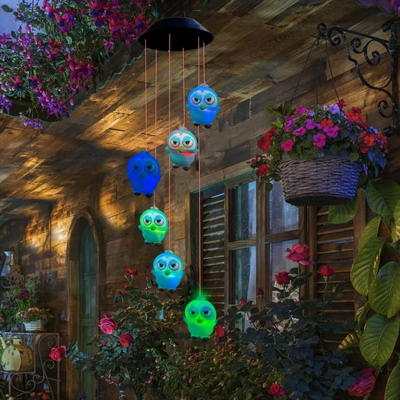Solar Powered Blue Owl Wind Chimes,Color-Changing LED Owl Windchimes Outdoor Garden Unique Tribal Decor Owl Gift