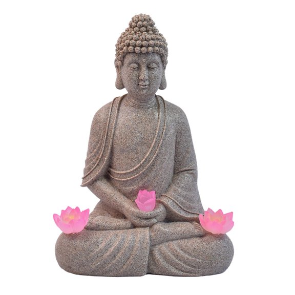 Solar Powered Buddha Statue Garden Light Outdoor IP44 Waterproof Battery Operated Resin LED Decorative Lamp Yard Brown