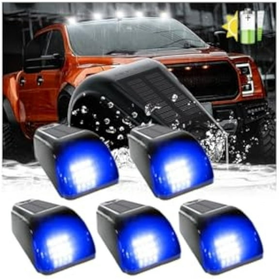 Solar Powered Cab Lights IP68 Waterproof Solar Wireless Cab Lights For Truck No Drill Car Cab Lights 7 Colors Solar Cab Lights Universal Vibration High Color Sensor Lights (Blue*5pcs)