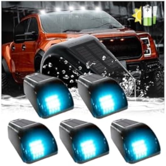 Solar Powered Cab Lights IP68 Waterproof Solar Wireless Cab Lights For Truck No Drill Car Cab Lights 7 Colors Solar Cab Lights Universal Vibration High Color Sensor Lights (Ice blue*5pcs)