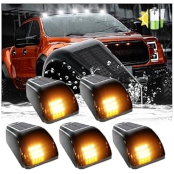 Solar Powered Cab Lights IP68 Waterproof Solar Wireless Cab Lights For Truck No Drill Car Cab Lights 7 Colors Solar Cab Lights Universal Vibration High Color Sensor Lights (Yellow*5pcs)