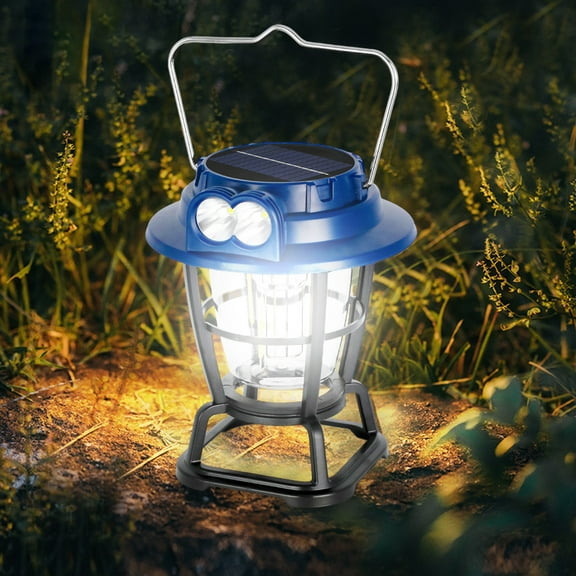 Solar Powered Camping Light with Power Bank USB Rechargeable, Staron 6 Modes Remote Control LED Tent Lamp Portable Lantern, Emergency Outdoor Light for Hiking Camping Garden with Rotating Hook, Blue